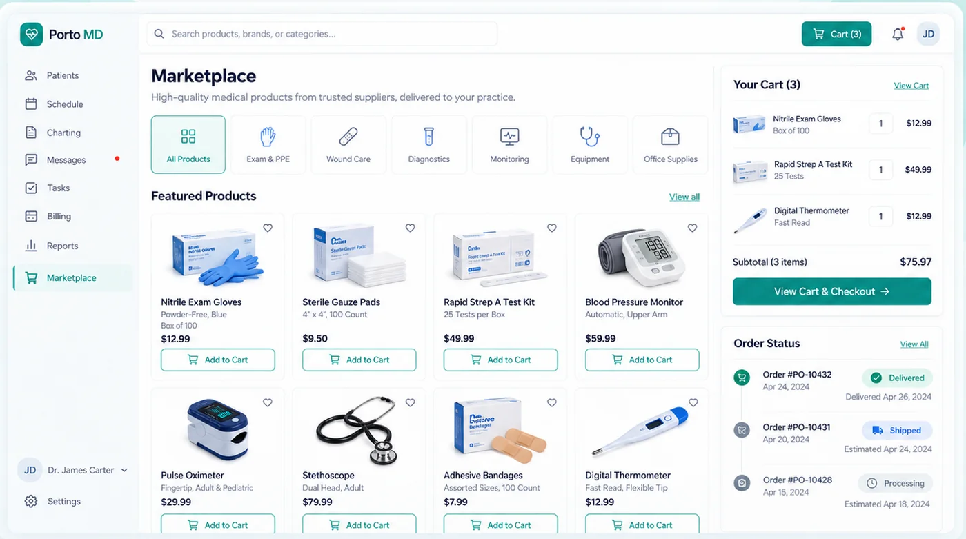 The marketplace inside Porto MD: supplies and equipment with the cart and order status on the same screen